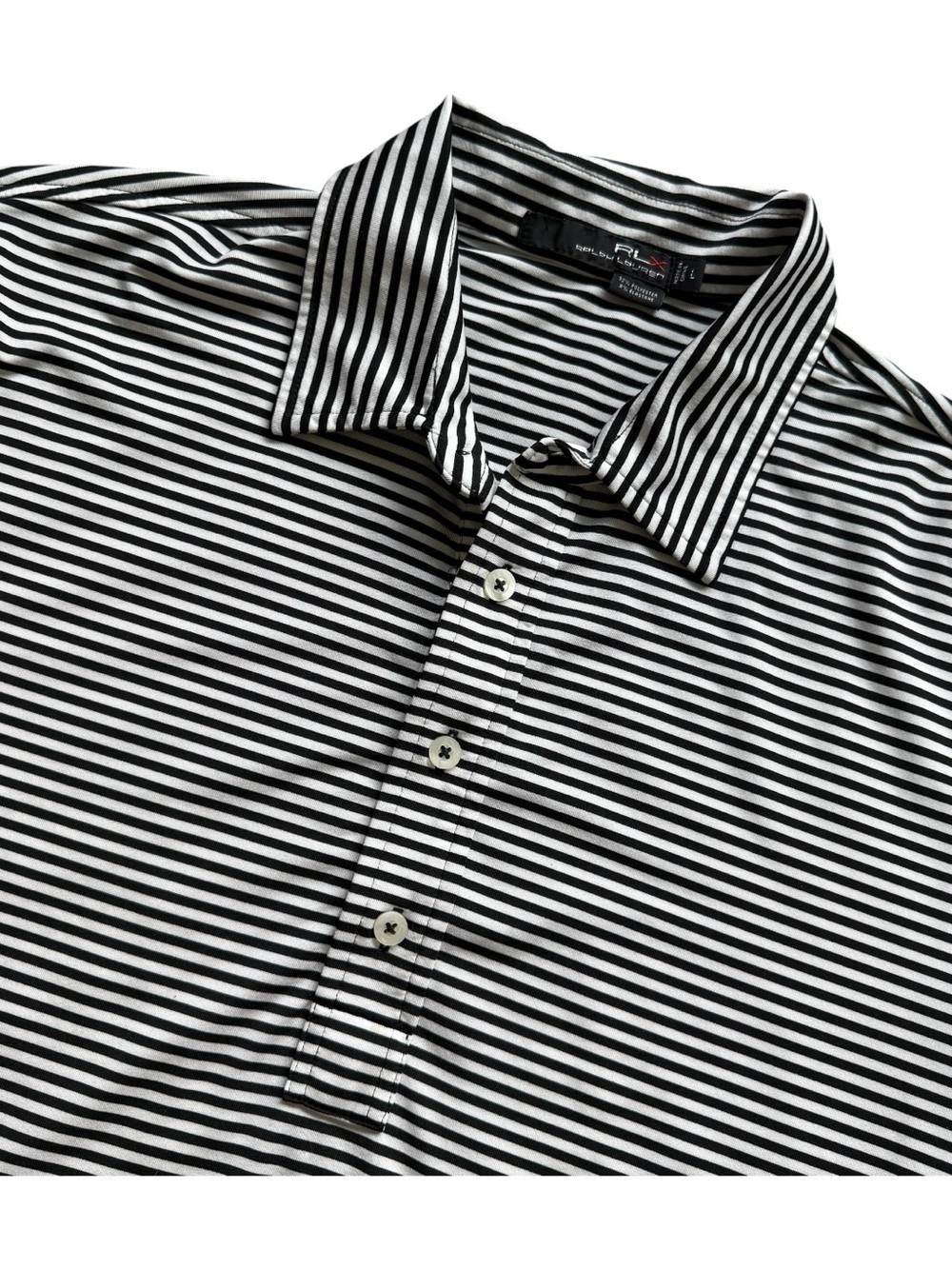 RLX Ralph Lauren Striped Performance Golf Polo Black White Stretch L Activewear